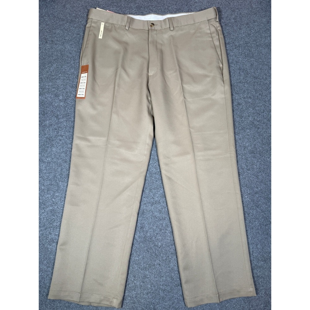 Haggar Mens Cool 18 Gabardine Dress Pants 40x30 Khaki Tan Flat Front Classic Fit